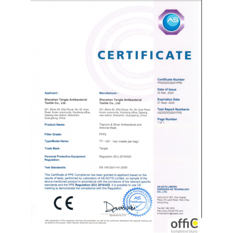 Maseczka ochronna KN95 FFP2 10szt biała Certyfikaty CE EN