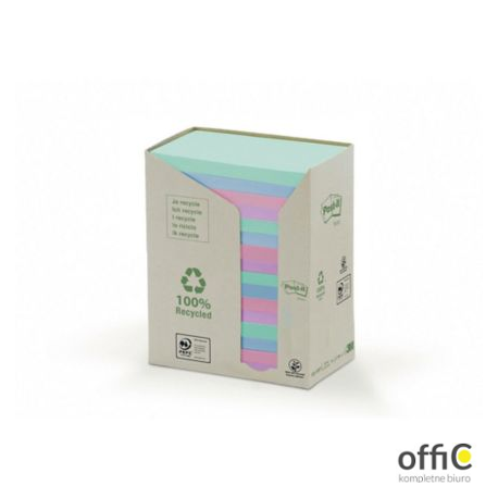 Ekologiczne karteczki samoprzylepne Post-it_ z certyfikatem PEFC Recycled, Pastelowe, 76x76mm, 16 bloczków po 100 kartec