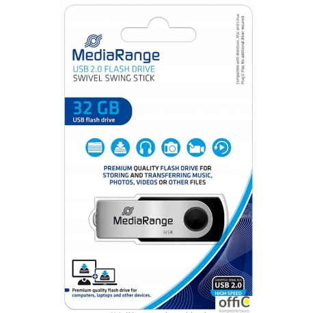 Pamięć Pendrive MediaRange 32GB USB 2.0, obracany, srebrno-czarny, MR911