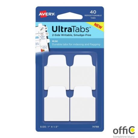 Ultra Tabs - samoprzylepne zakładki indeksujące, białe, 25,4x38, 40 szt., Avery Zweckform 74788