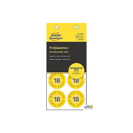 Etykiety inspekcyjne NoPeel 2018 Q30mm, 80szt AVERY ZWECKFORM żółte 6942